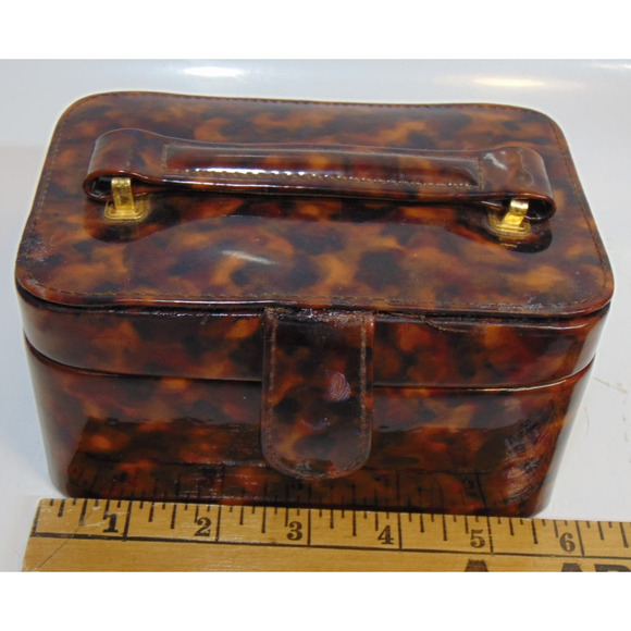 Vintage Travel Jewelry Box Chest Brown Faux Leather Handle Snap Closure Mirror - Picture 12 of 12